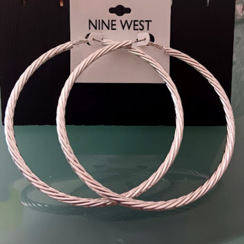 NINE WEST Hip Hop Silver Rope Textured 3.65" Statement Hoop Earrings**NEW! - Picture 4 of 4